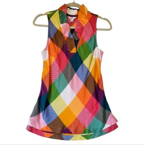 crown & ivy Plaid Multicolor Rayon Slreveless‎ Ruffle Neckline Size XS NWT